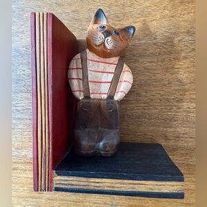 Wooden Cat Bookend with Red and Brown Accents